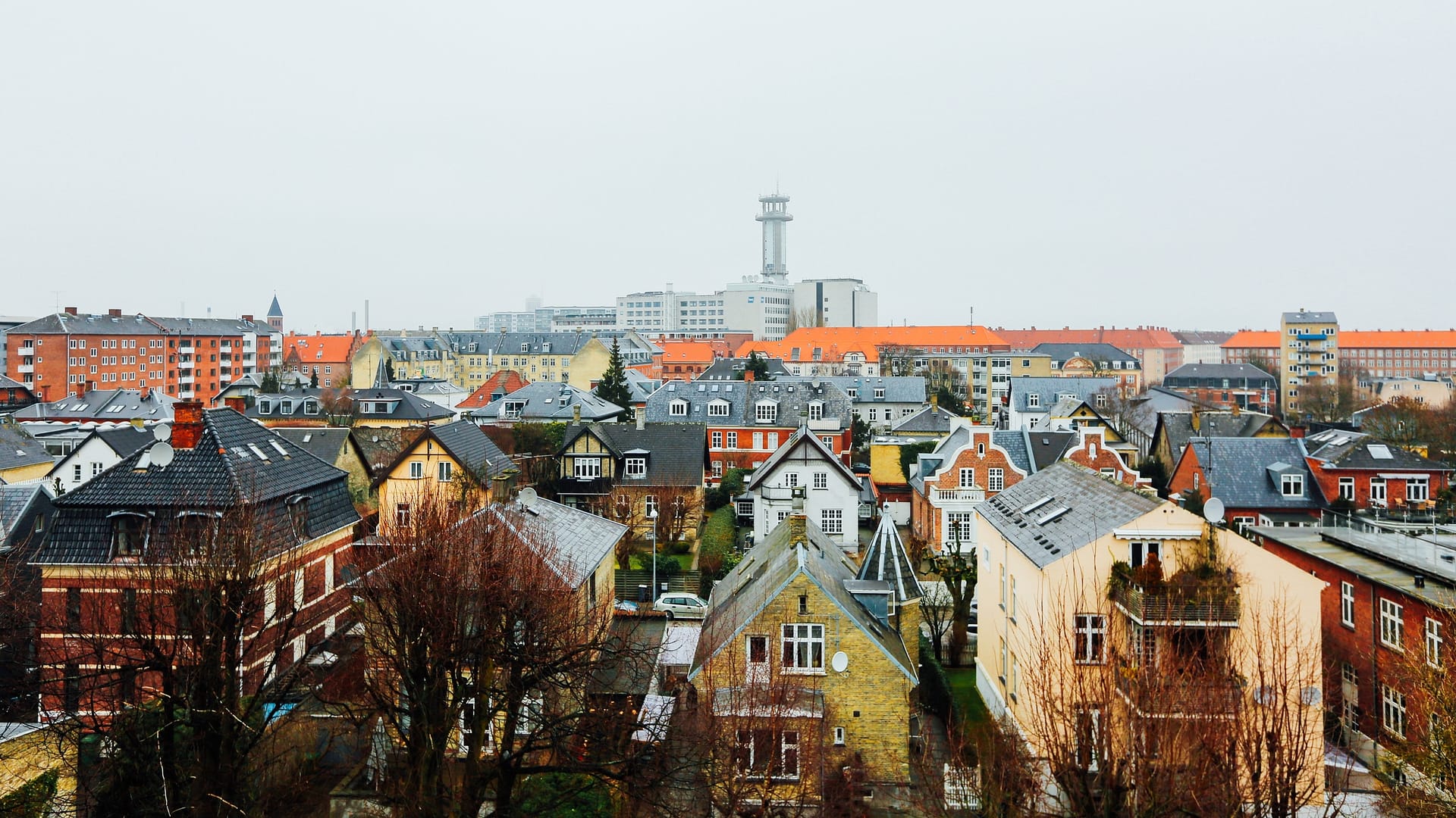 Wide shot of houses and buildings in the city of Copenhagen, Denmark