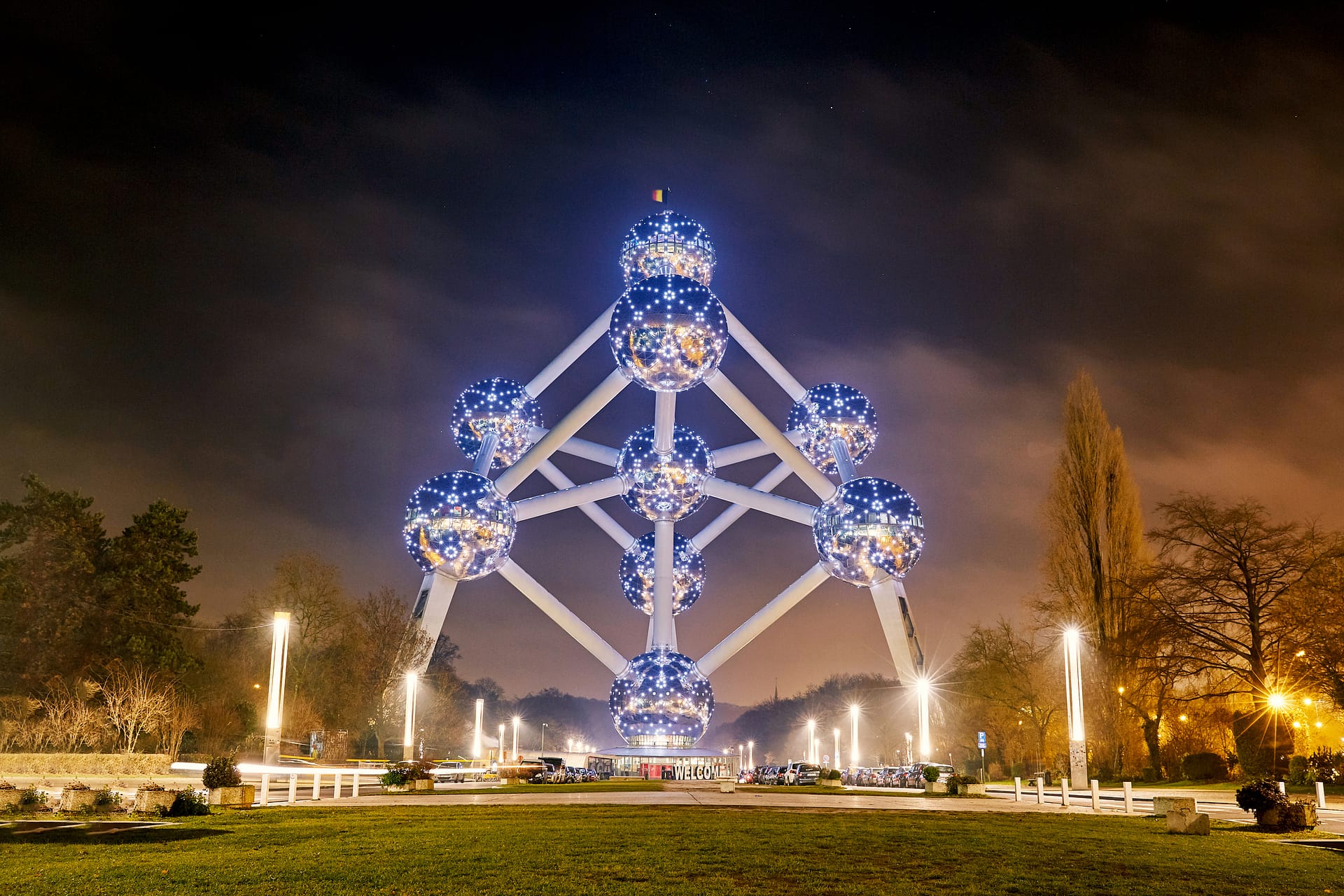 Atomium landmark building at night. Brussels, Belgium