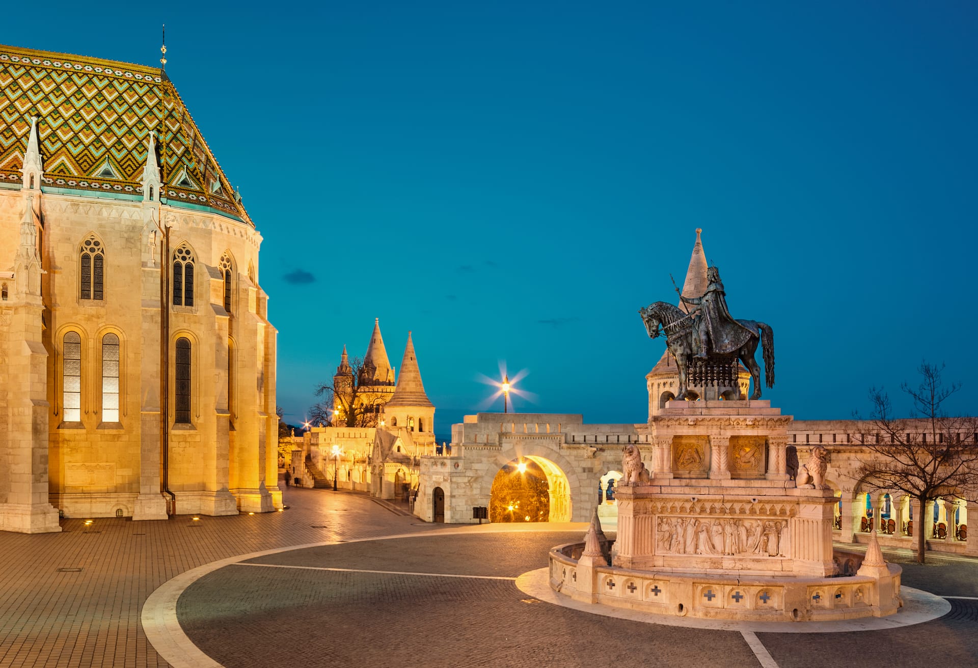 Fishermans Bastion in Budapest, Hungary in the evening. Focus on the horseman statue.