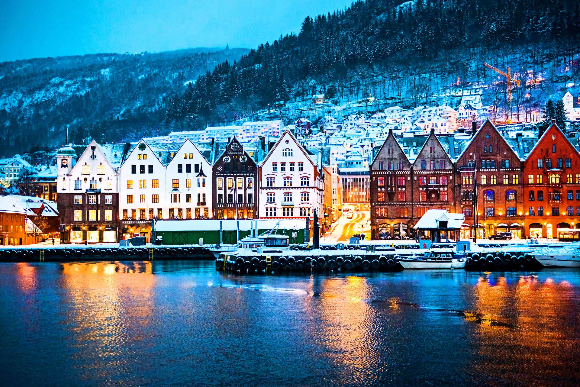 night view on historical buildings in Bryggen- Hanseatic wharf in Bergen, Norway. UNESCO World Heritage Site. Winter view