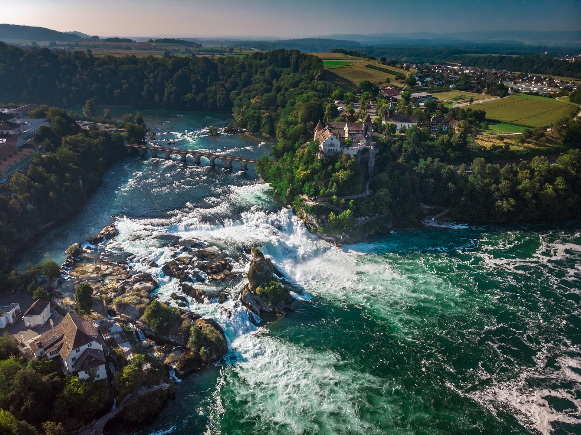 Rhine Falls (Rheinfall) waterfalls with Schloss Laufen castle, Neuhausen near Schaffhausen, Canton Schaffhausen, Switzerland, Europe
