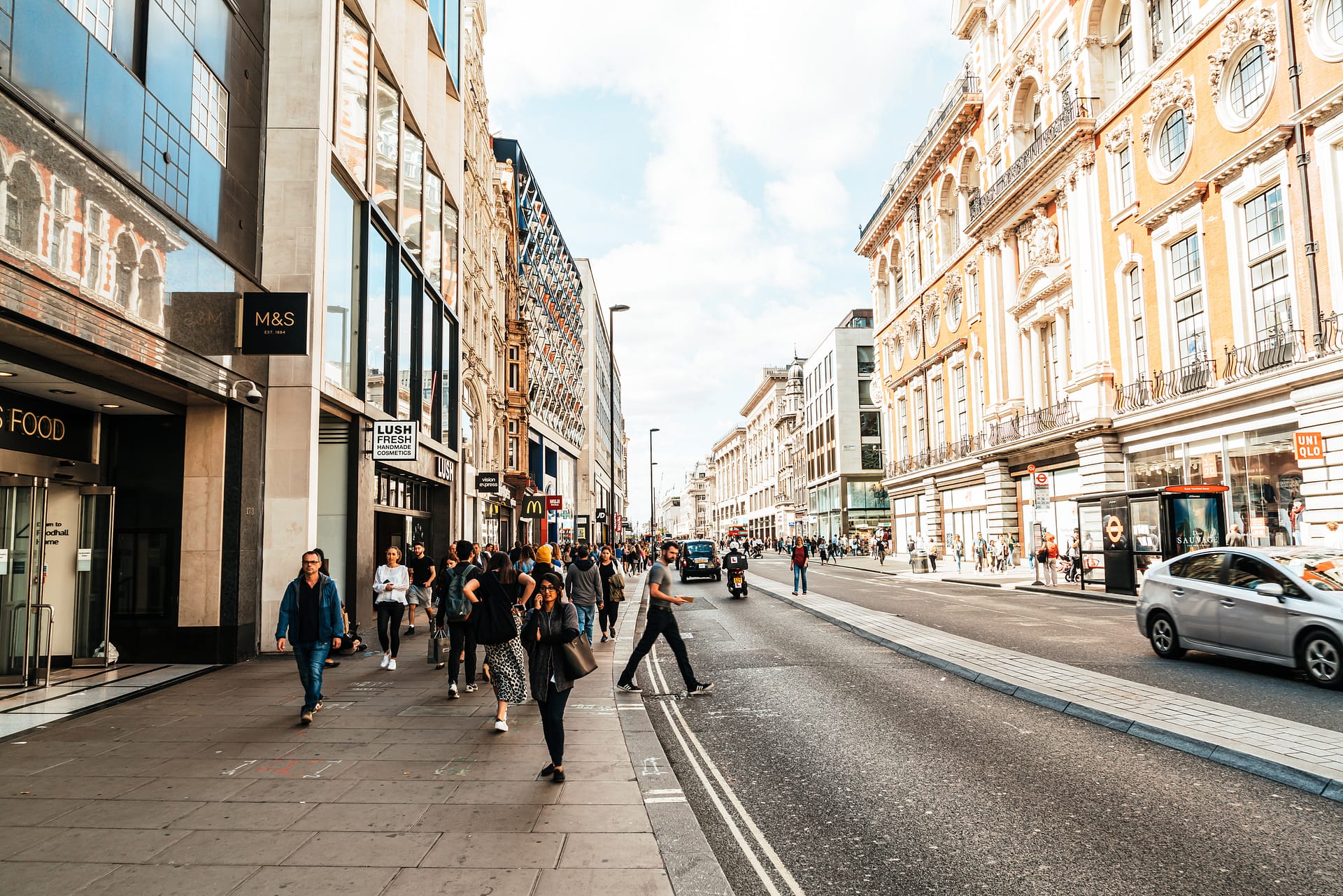 London, England -2 SEP 2019 : The famous Oxford Circus with Oxford Street and Regent Street on a busy day in London, United Kingdom