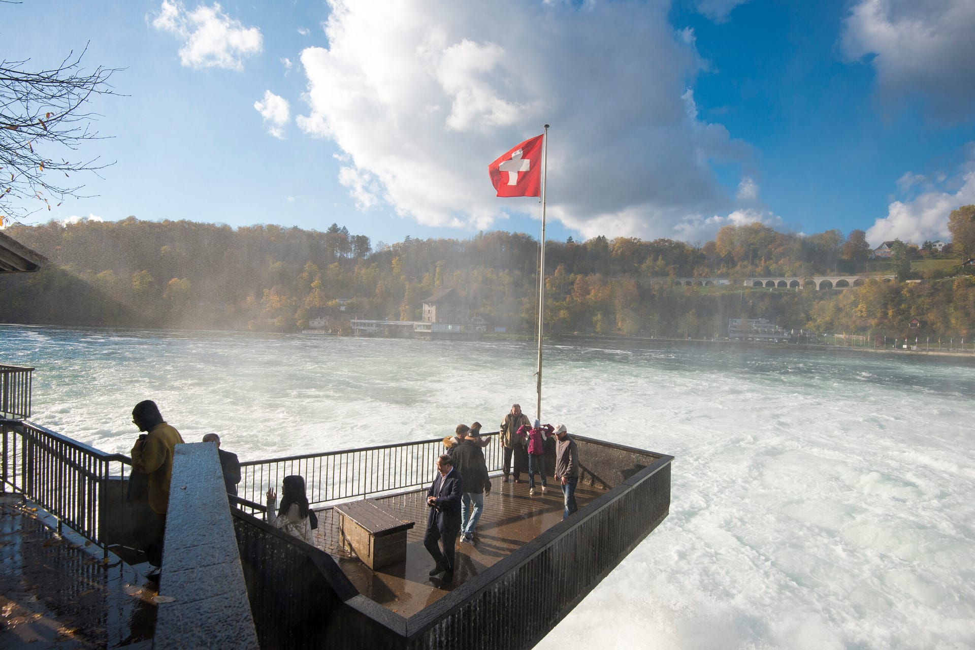 Schaffhausen, SWITZERLAND -27 OCT 2017- Rheinfall in Autumn, the biggest waterfall in Europe